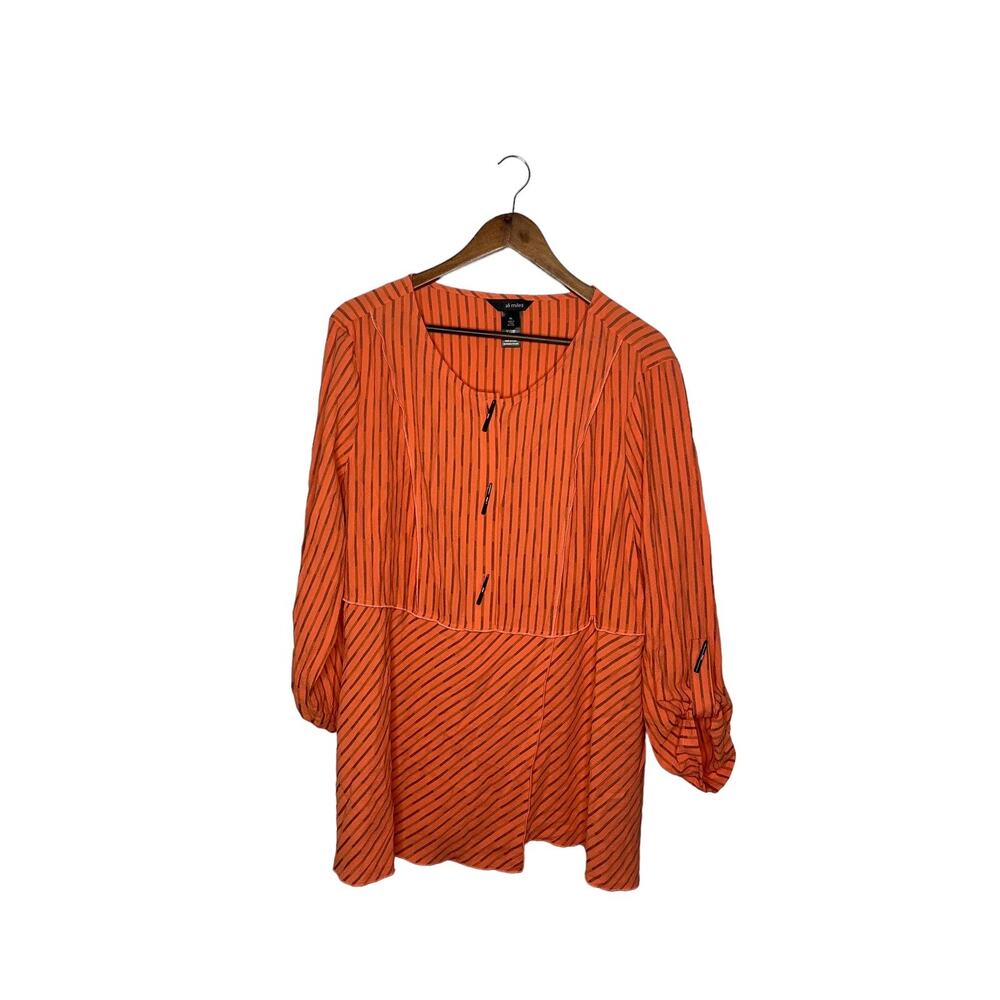 Ali Miles Womens XL Half Button Lagenlook Top Orange Black Striped‎ Roll Tab Slv